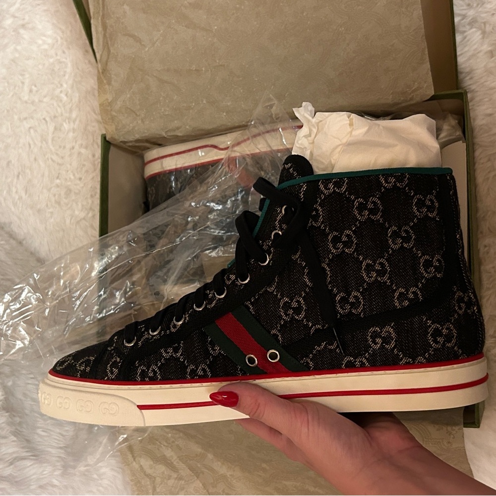 Gucci Dark Chocolate with Khaki stitching and Red High-Top Sneakers - Picture 3 of 4